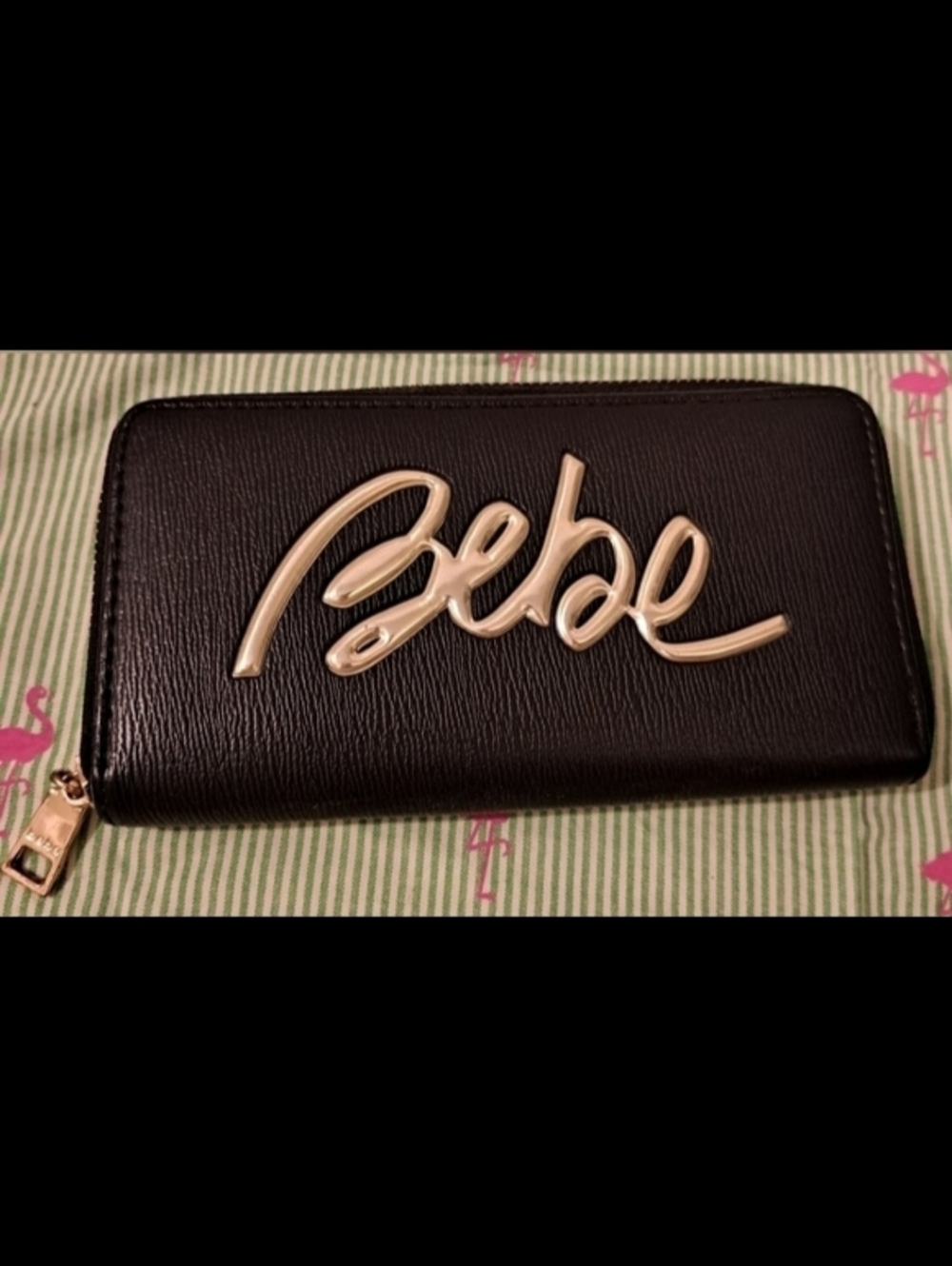 Vintage Bebe Y2K Gianna Vegan Black Leather Zip Around Signature Clutch Wallet